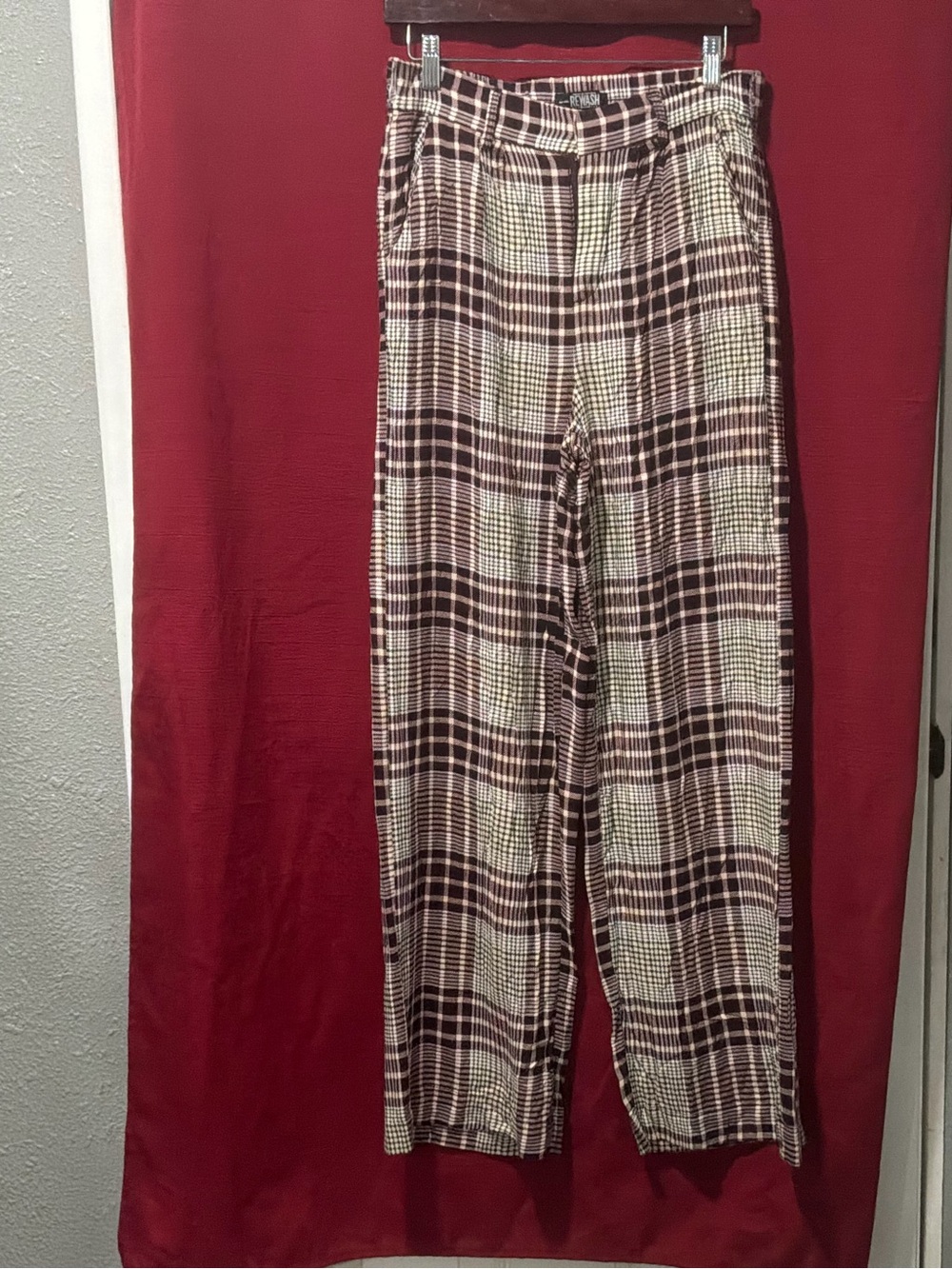 Rewash Brown & Cream Plaid Wide-Leg Pants